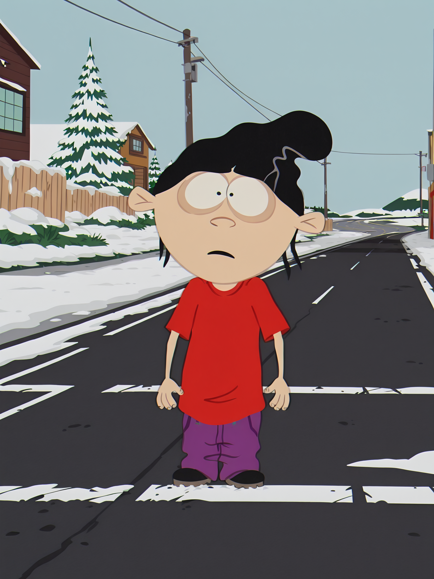 <lora:south_parkILL:1>, <lora:Edd_Ed_Edd_n_Eddy_-_Illustrious:0.7>, south_park, 1boy, eddboi, sockhead, red shirt, side of road, snow, parody, flat colors