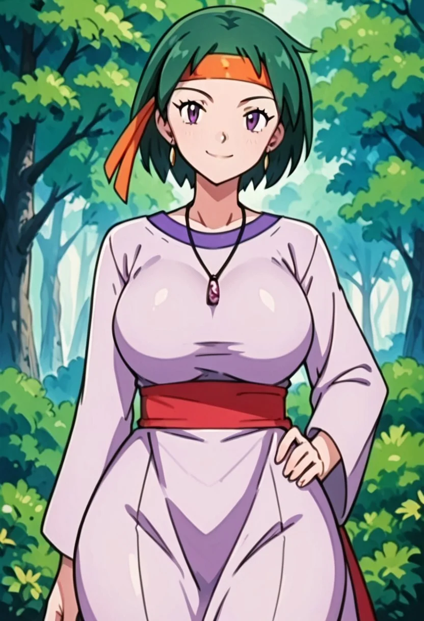 score_9, score_8_up, score_7_up, score_6_up, just describe what you want, tag1, tag2, source_cartoon, rating_explicit, (rochelle \(pokemon\), 1girl, beautiful, (big breasts), round breasts, (huge butt), bubble butt, (light-toned skin), female, (green hair, short hair), purple eyes, seductive, seducing, smiling, closed mouth, looking at you, sexy, solo, tall, ((big body, ((thick thighs)), ((curvy figure, voluptuous)), ((wide hips))))), ((headband, earrings, necklace, dress, light purple dress, long sleeves, waist belt, pants beneath dress)), (standing, one hand on hip, front view), (forest), (zPDXL3)