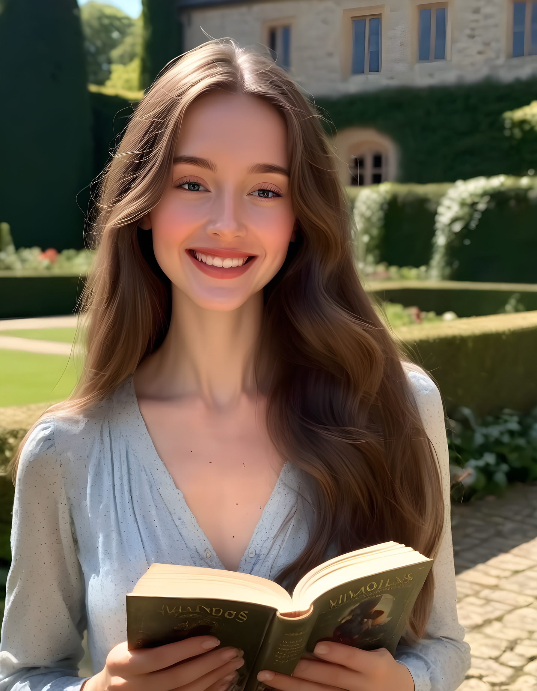 In a sunlit, cobblestone courtyard of an ancient English manor, Miacollinsss stands with a warm smile, her long brown hair cascading down like a waterfall, framing her face. Her eyes sparkle as she reads a vintage book in her hands, a single mole visible on her left cheek. The camera captures the moment from a slightly low angle, focusing on her radiant countenance while the background shows the manor's ivy-covered walls and an open blue sky dotted with wispy clouds. The image is slightly blurred, adding a dreamy, ethereal quality to the portrait.