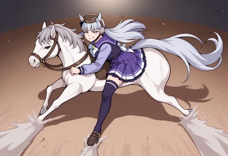 masterpiece, best quality, full body, solo, 1girl, gdspdef, horse tail, smirk, looking at viewer, ak1rasl1de, horseback riding, long hair, grey hair, blunt bangs, brown headwear, pillbox hat, animal ears, ear covers, ear bow, purple eyes, v-shaped eyebrows, tracen school uniform, winter uniform, purple shirt, purple sailor collar, white bowtie, horseshoe ornament, long sleeves, purple skirt, pleated skirt, purple thighhighs, loafers, road