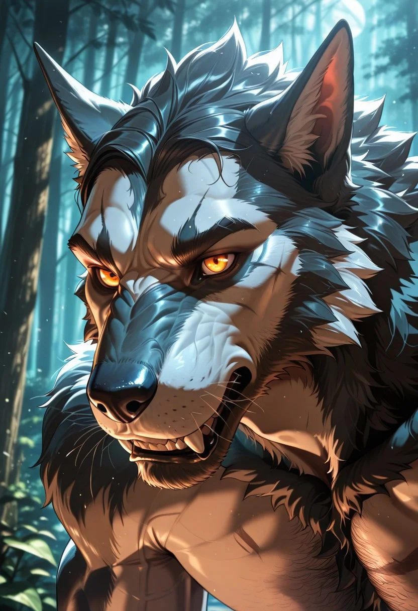 best quality, high-detailed background, hi res, realistic, solo, close up, handsome, species:werewolf, mid-transformation,