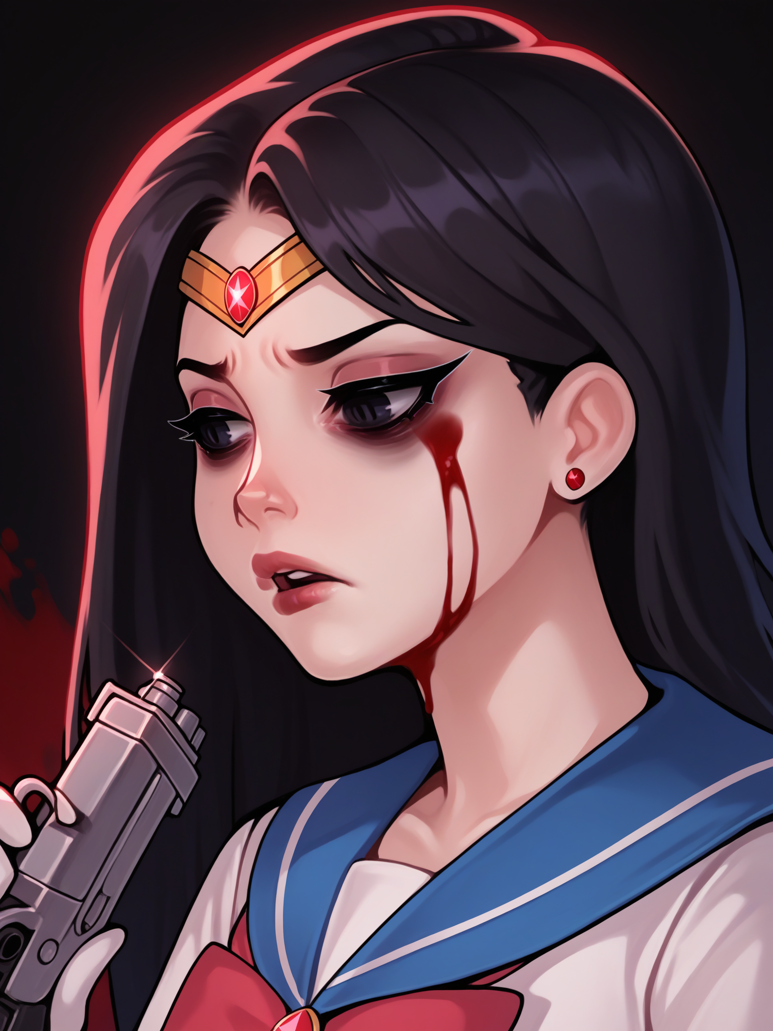 score_9, score_8_up, score_7_up, score_6_up, score_5_up, score_4_up, rating_safe
BREAK
sailor mars, circlet, black hair, black eyes, looking away, tired, half-closed eyes, bags under eyes, sigh, open mouth, looking down, blood on face, blood splatter,
BREAK
solo, portrait, magical girl, red serafuku, from side, holding gun, handgun, blood on weapon,
BREAK
black background, <lora:Lunas-GreenuCorm-SDXL-A1:1>