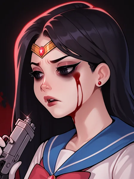 score_9, score_8_up, score_7_up, score_6_up, score_5_up, score_4_up, rating_safe
BREAK
sailor mars, circlet, black hair, black eyes, looking away, tired, half-closed eyes, bags under eyes, sigh, open mouth, looking down, blood on face, blood splatter,
BREAK
solo, portrait, magical girl, red serafuku, from side, holding gun, handgun, blood on weapon,
BREAK
black background, <lora:Lunas-GreenuCorm-SDXL-A1:1>