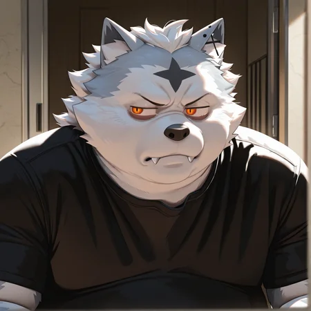 valkianiki, 1boy, solo, furry, male focus, upper body, annoyed, sideways glance, realistic, hyper realistic, realism, extremely detailed, masterpiece, photorealistic, fangs out, plump, black shirt, absurdres, highres, newest
