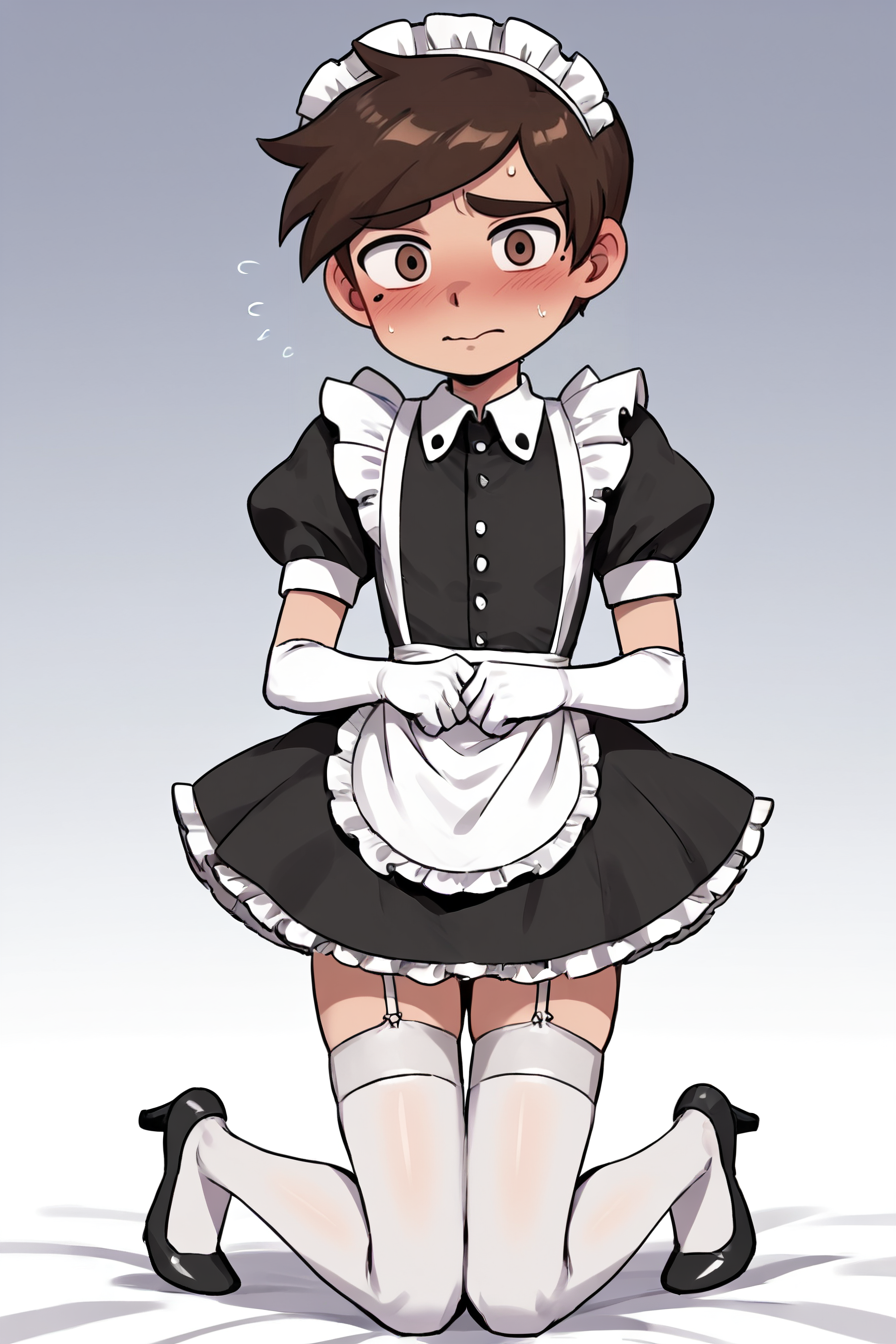 score 6 up,score 7 up, score 8 up,score 9,blush,short sleeves,looking at viewer,  <lora:marco_diaz:0.7>,marco diaz,brown hair,mole under left eye,short hair,solo,thick eyebrows,<lora:Lucyla_Art_Style:0.4>,male focus,maid headdress,maid uniform,,embarrassed,black heels,white elbow gloves, white stockings