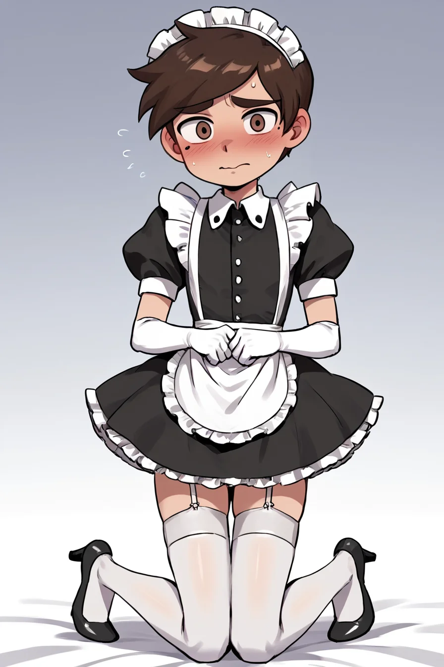score 6 up,score 7 up, score 8 up,score 9,blush,short sleeves,looking at viewer, <lora:marco_diaz:0.7>,marco diaz,brown hair,mole under left eye,short hair,solo,thick eyebrows,<lora:Lucyla_Art_Style:0.4>,male focus,maid headdress,maid uniform,,embarrassed,black heels,white elbow gloves, white stockings