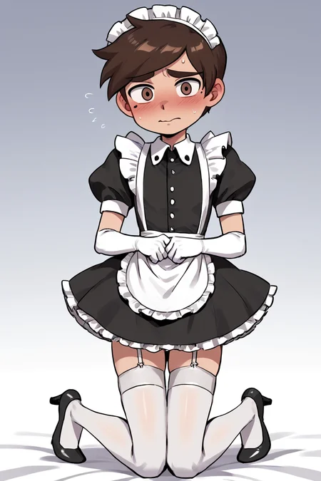 score 6 up,score 7 up, score 8 up,score 9,blush,short sleeves,looking at viewer,  <lora:marco_diaz:0.7>,marco diaz,brown hair,mole under left eye,short hair,solo,thick eyebrows,<lora:Lucyla_Art_Style:0.4>,male focus,maid headdress,maid uniform,,embarrassed,black heels,white elbow gloves, white stockings