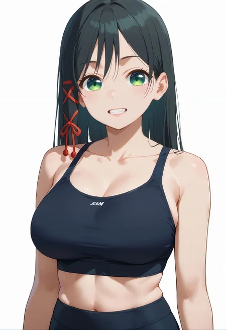 score_9,score_8_up,score_7_up, <lora:amagami_yae_pdxl_goofy:1> amagamiYae, black hair, green eyes, long hair, hair ribbon,red ribbon ,1girl, black hair, breasts, casual, contemporary, large breasts, looking at viewer, simple background, teeth, upper body,sports bra, spaghetti strap,bare shoulders, white background, yoga pants