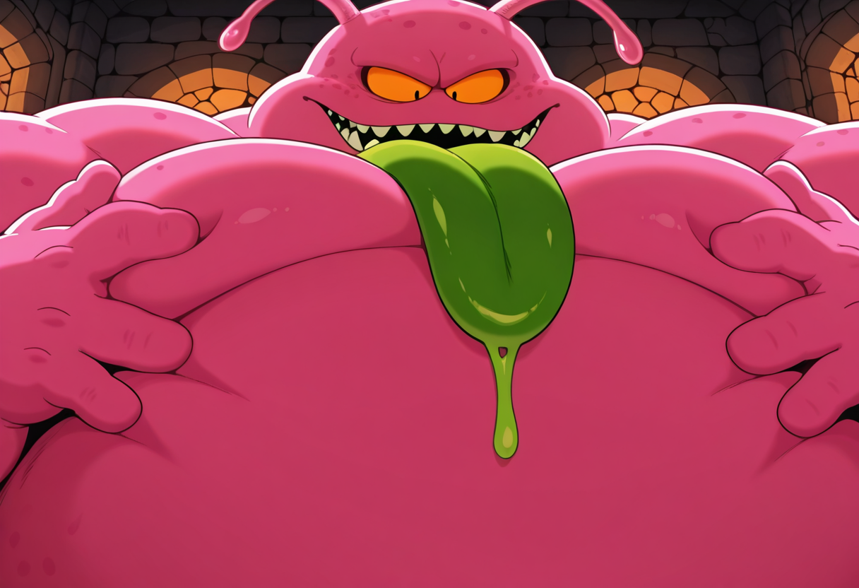 <lora:Buyon_Dragon_Ball:1> masterpiece, amazing quality, best quality, 1boy, solo, Buy0nDB, pink skin, green tongue, antennae, monster, fat, solo, male focus, orange sclera, black pupils, inside a dungeon, no humans, close-up, moobs, bara, confused, looking at viewer, disembodied hands groping