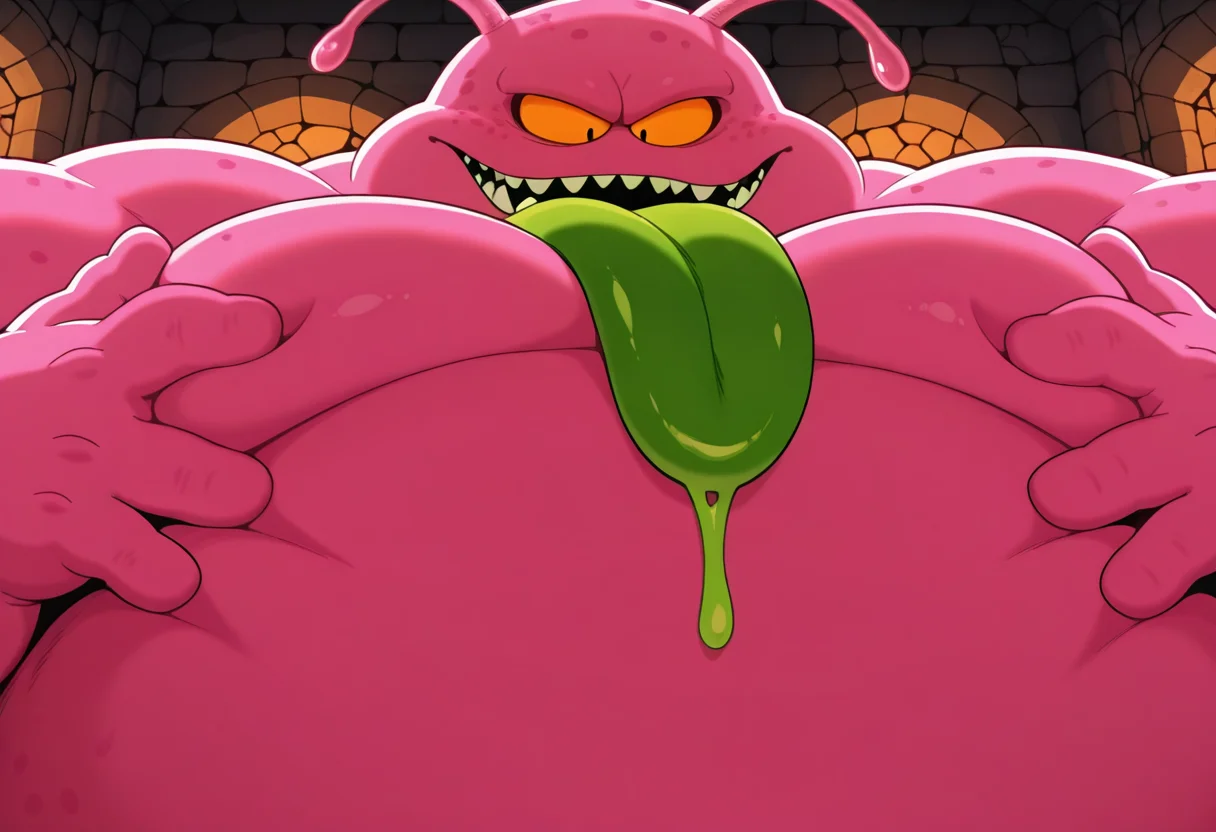 <lora:Buyon_Dragon_Ball:1> masterpiece, amazing quality, best quality, 1boy, solo, Buy0nDB, pink skin, green tongue, antennae, monster, fat, solo, male focus, orange sclera, black pupils, inside a dungeon, no humans, close-up, moobs, bara, confused, looking at viewer, disembodied hands groping