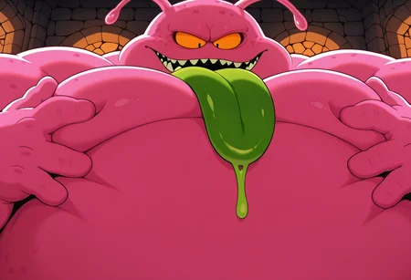 <lora:Buyon_Dragon_Ball:1> masterpiece, amazing quality, best quality, 1boy, solo, Buy0nDB, pink skin, green tongue, antennae, monster, fat, solo, male focus, orange sclera, black pupils, inside a dungeon, no humans, close-up, moobs, bara, confused, looking at viewer, disembodied hands groping