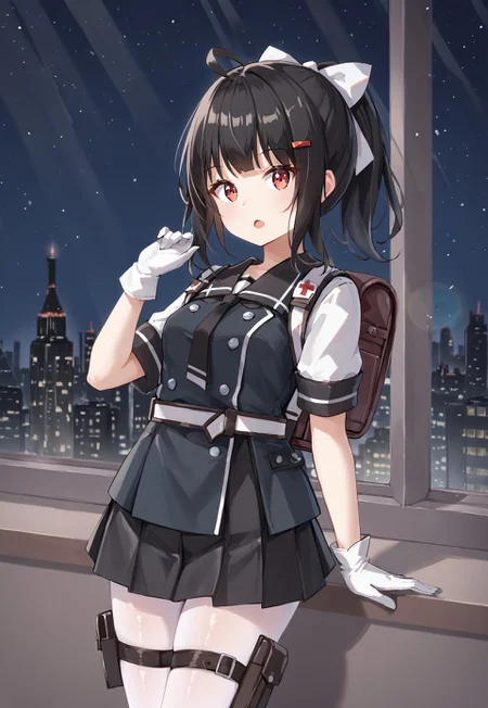 GSh18, black hair, ponytail, hair ornament, hairclip, red eyes, ahoge, white gloves, hair bow, bangs, black skirt, short sleeves, pantyhose, white shirt, black sailor collar, holster, pleated skirt, sidelocks, white bow, thigh strap, small breasts, necktie, black vest, buttons, belt, backpack,
looking at viewer, open mouth, from side, hand up,
window, city, cityscape, dark, night, night sky,
1girl, solo, solo focus, highres, absurdres, light particles, shade, lens flare, shiny skin, fine fabric emphasis,