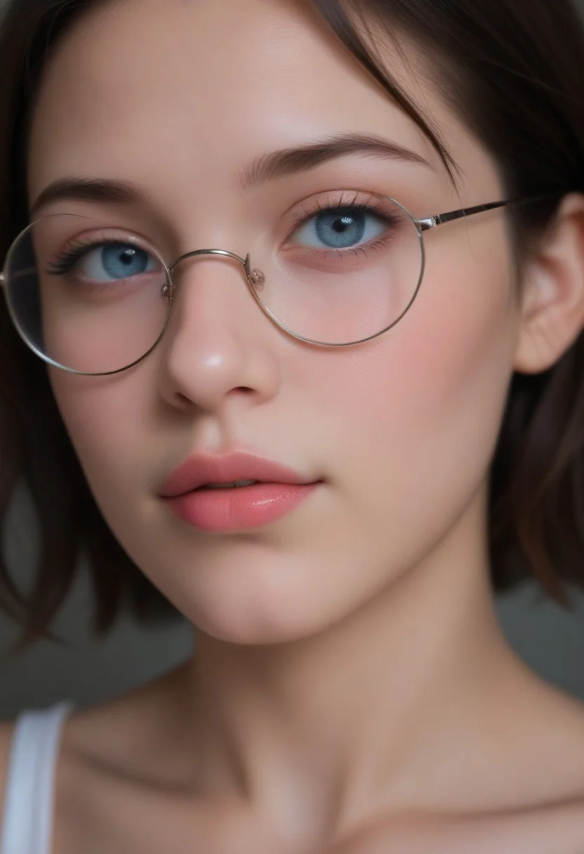 (((ultra high res))), (photorealistic), raw photo, (((4K resolution))), detailed eyes, super detailed face, focus on face, sharp focus,16k wallpaper, absurdres, highres, huge file size.
Abstract oil painting, vibrant colors, rough texture, broad brush strokes.
Close-up portrait of a young woman with short bob, big round glasses, bare shoulders.âââ