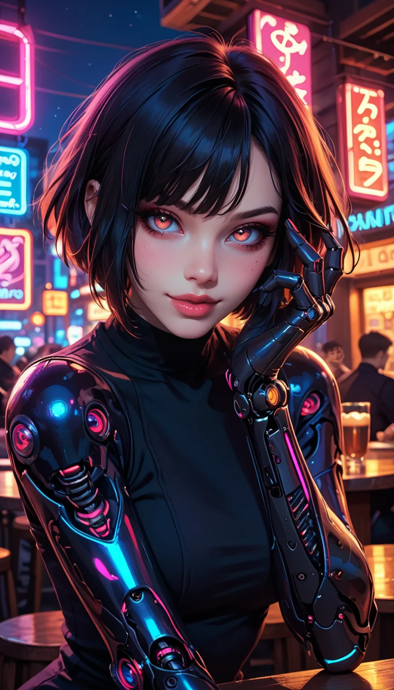 score_9, score_8_up, score_7_up, Portrait, mechanical girl, cute, seductive, innocent, light smile:0.3, plump lips, slender body, punk hair, short hair, (mechanical arms), black body, glowing led parts, ornaments detailed, sitting outside a pub, neon lights, bright colors, street night background, 4n1v3rs3, depth of field, dynamic angle, fashion photography, sharp, hyperdetailed:1.15