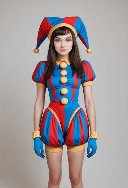 <lora:Coll-PomniXL_1672540:1> 1girl, blue eyes, blue gloves, coll-pomni, gloves, hat, jester cap, long hair, looking at viewer, puffy short sleeves, puffy sleeves, solo
