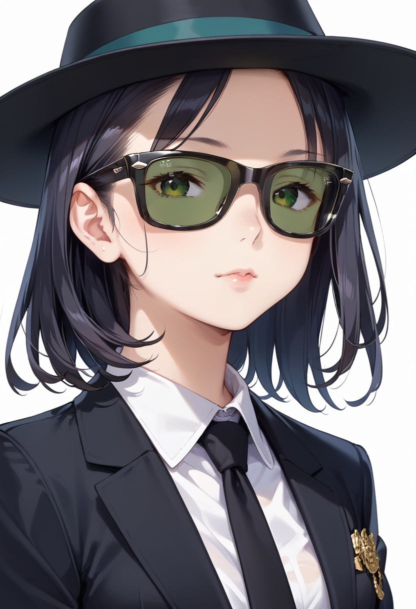 score_9, score_8_up, score_7_up, rating_safe, masterpiece, best quality, absurdres, unity 8k wallpaper, official art, official style, source_anime, uncensored, game cg, megami magazine,
1girl, solo, black hair, medium hair, upper body, covered eyes,sunglasses, formal, suit, black suit, necktie, black necktie, black fedora, black hat,
sg_WAYFARER, sunglasses, covered eyes, white background, simple background, darkgreen tinted eyewear, black-framed eyewear, 
 <lora:glasses_wayfarer_PONY_V1:1>