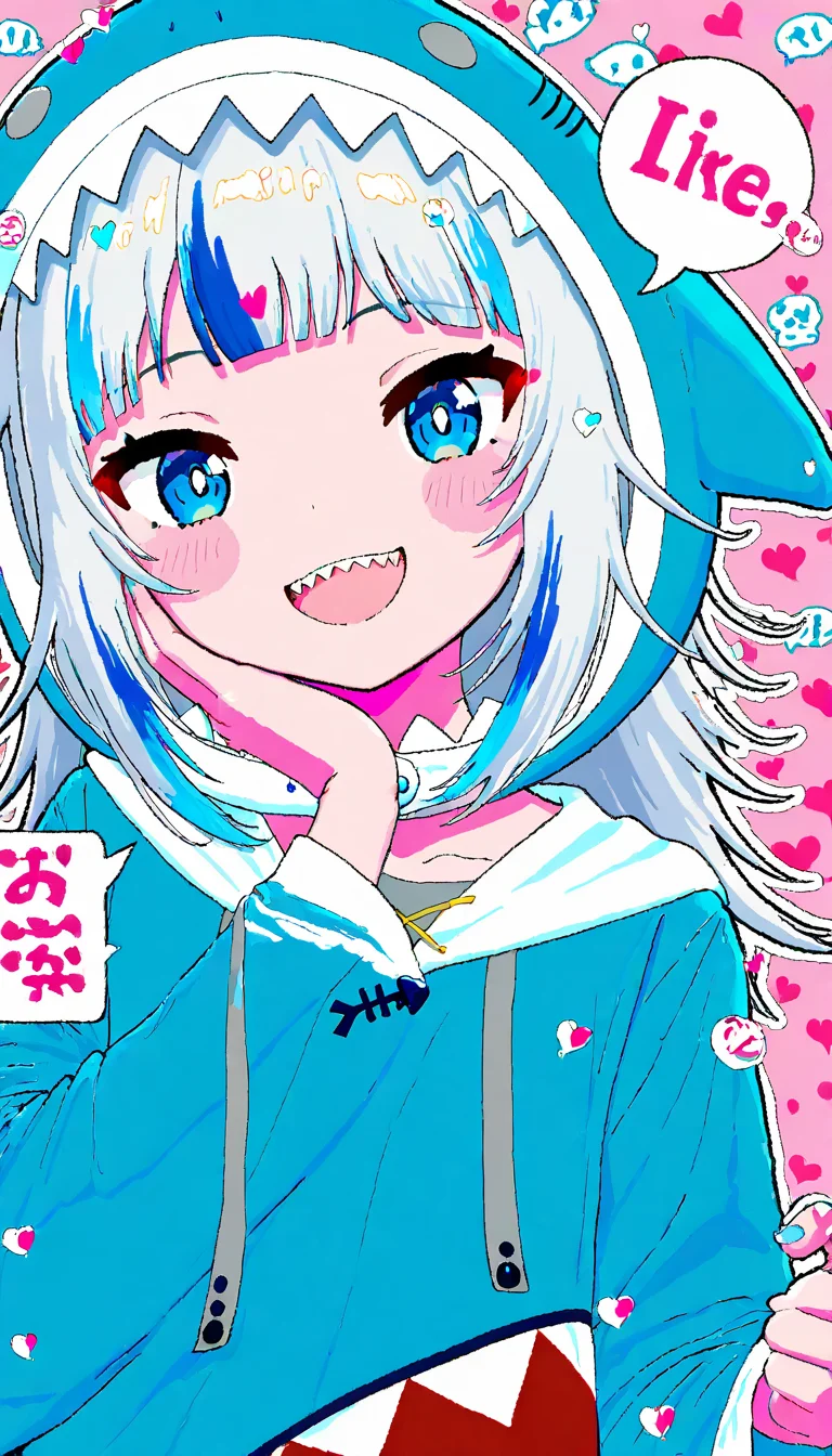 masterpiece, best quality, good quality, very awa, firedotinc, 1girl, solo, gawr gura, virtual youtuber, gawr gura (1st costume), shark hood, hood up, peeking, :d, speech bubble, a (phrase), spoken letter, meme, fourth wall, hands up, white outline, thick outlines, smile, blush, simple background, heisei retro, yume kawaii, pastel colors, 