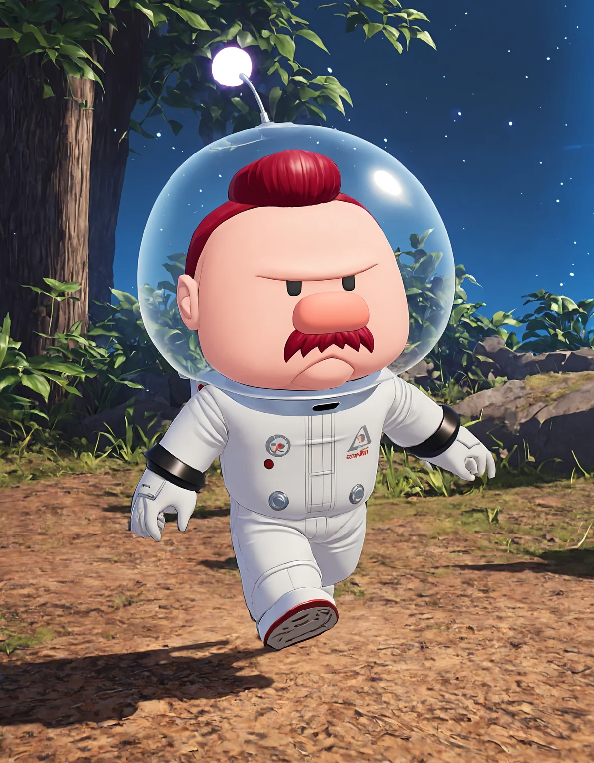 P1km1nCrew, mustache, buzzcut, 1boy, man, male focus, solo, outdoors, red hair, white jumpsuit, space_helmet, running, anime,
<lora:P1km1nCrew_SDXL:.9>