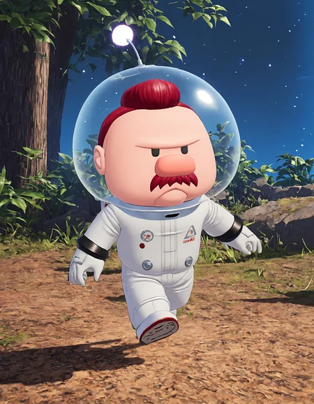 P1km1nCrew, mustache, buzzcut, 1boy, man, male focus, solo, outdoors, red hair, white jumpsuit, space_helmet, running,  anime,
<lora:P1km1nCrew_SDXL:.9>