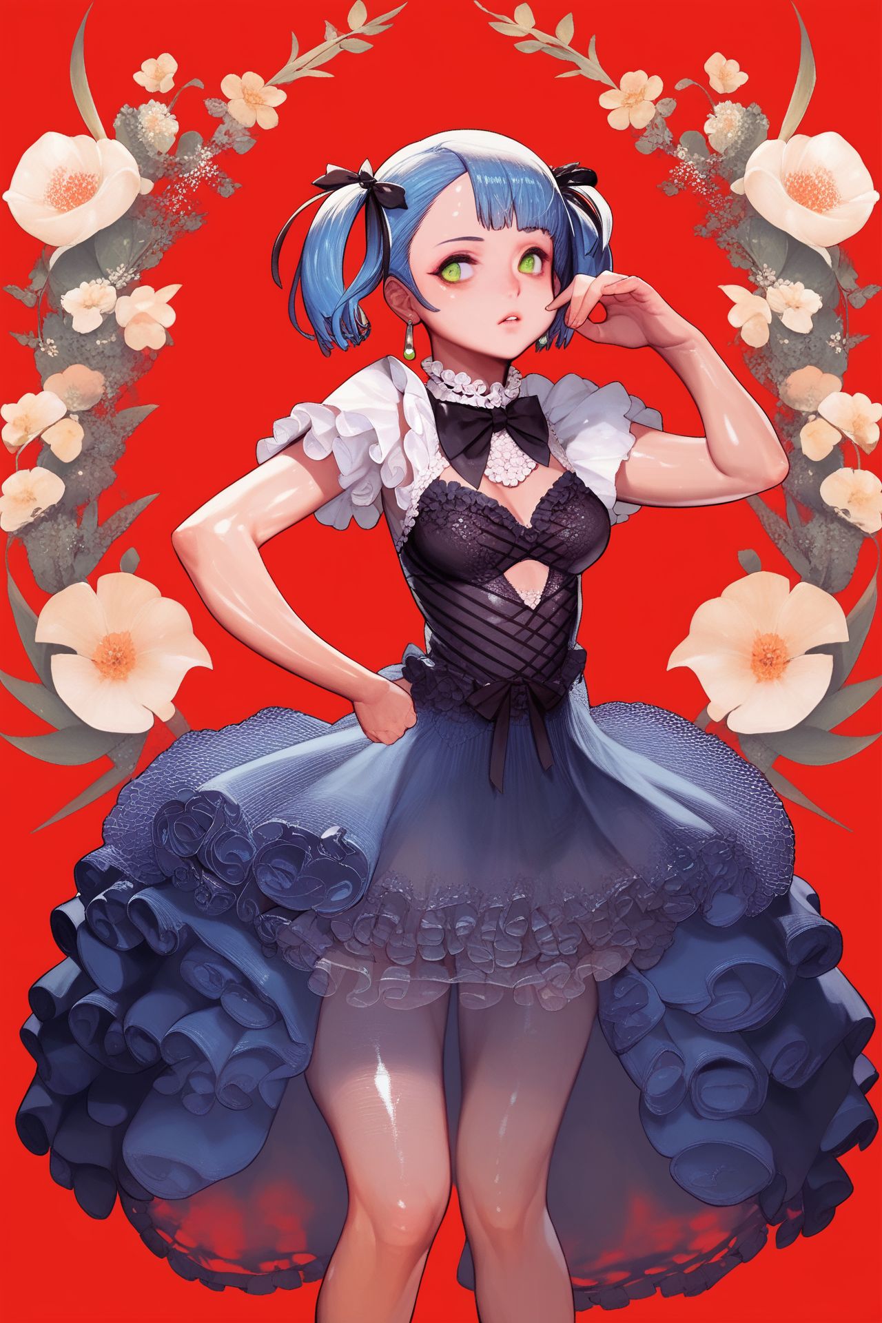 score_9, score_8_up, score_7_up, 1girl, letter pose, looking to the side, pupils sparkling, dark_blue hair, round_fringe, short_twintails, light_green eyes, medium breasts, shiny skin, layered dress, sheer, lace, frills, ribbon, earrings, fishnet tights, Chrysanthemum_x_morifolium \(flower\), floral background, hand_behind_head, red background, foggy atmosphere <lora:destiny_c_PonyXL_style_v02.07.01.10.05:1>