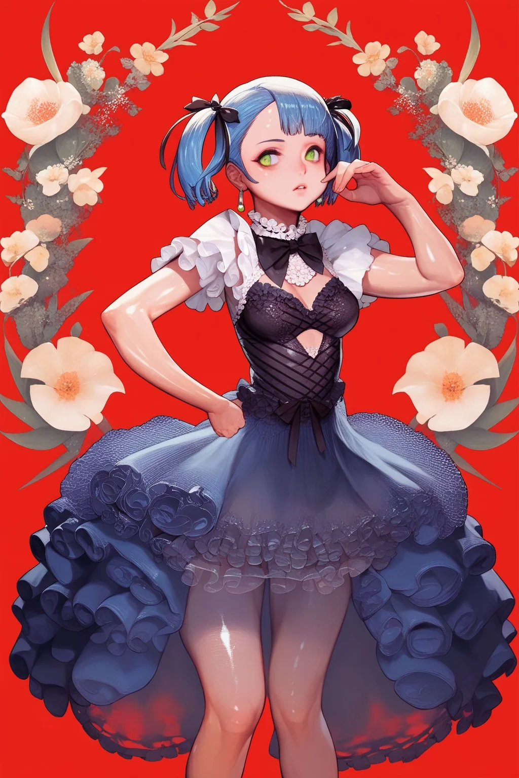 score_9, score_8_up, score_7_up, 1girl, letter pose, looking to the side, pupils sparkling, dark_blue hair, round_fringe, short_twintails, light_green eyes, medium breasts, shiny skin, layered dress, sheer, lace, frills, ribbon, earrings, fishnet tights, Chrysanthemum_x_morifolium \(flower\), floral background, hand_behind_head, red background, foggy atmosphere <lora:destiny_c_PonyXL_style_v02.07.01.10.05:1>