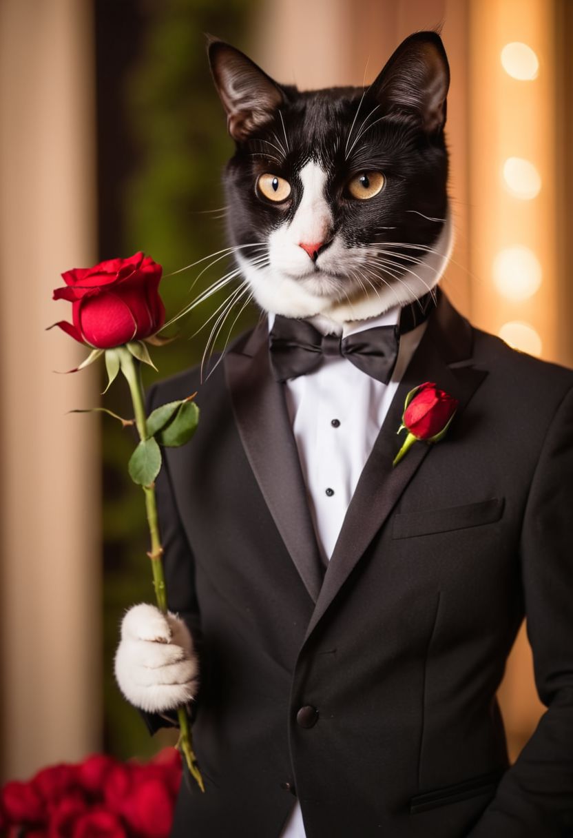 ASCIIa cat, wearing a tuxedo, looking for love, holding a red rose looking at viewer, realistic, high class vibes, warm tones, soft focus, bokeh background
