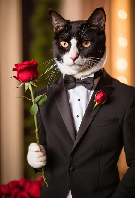 ASCIIa cat, wearing a tuxedo, looking for love, holding a red rose looking at viewer, realistic, high class vibes, warm tones, soft focus, bokeh background