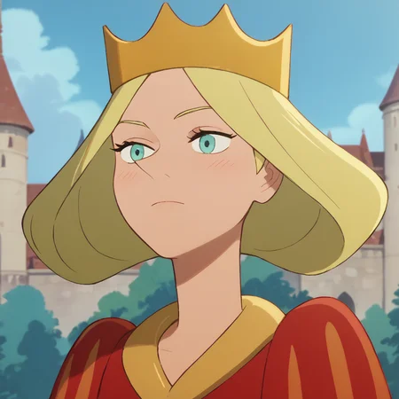 <lora:SlimesHiling:1>, score_9, score_8_up, score_7_up, slimes_hiling, woman, solo, portrait, crown, castle background