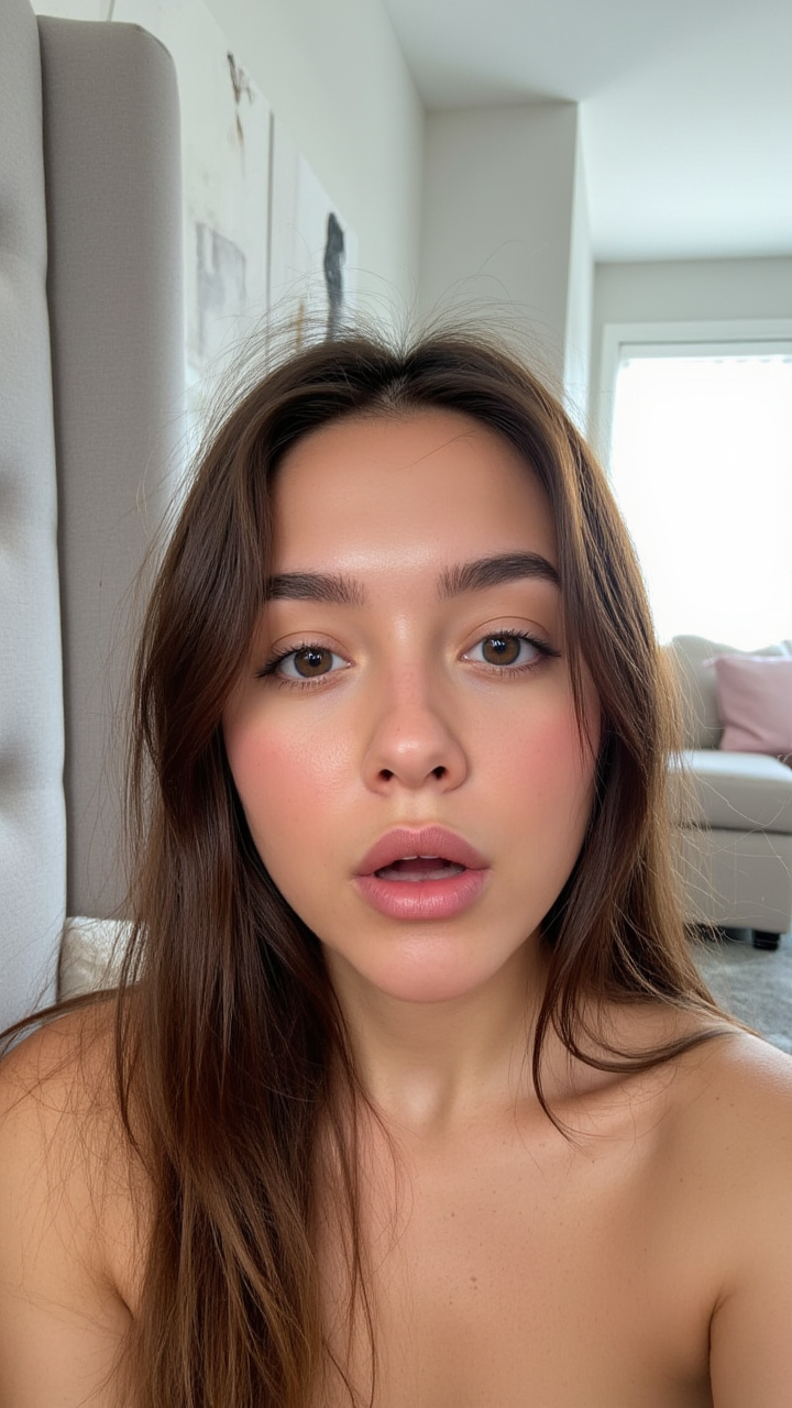 Intimate, photorealistic close-up photo of a beautiful young latina woman with long, flowing brown hair, flawless skin, and wide, expressive light brown eyes. She looks directly at the camera with an expression of playful surprise, her mouth slightly open in an 'oh' shape with glossy pink lips. Her shoulders are bare, suggesting a candid, relaxed moment. She is positioned in a modern bedroom or living room; on the left, a tall grey upholstered headboard with a black-and-white abstract artwork above it is visible. To the right, the background is softly blurred, showing a minimalist grey sofa with a pale pink cushion and a bright window. The scene is illuminated by soft, bright natural light, creating a gentle glow on her skin and clear catchlights in her eyes. Highly detailed, sharp focus on her face, shallow depth of field.