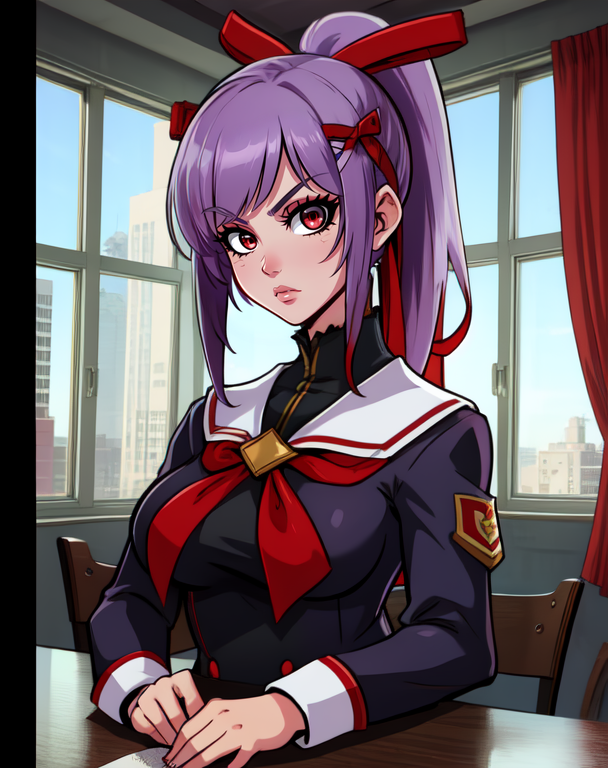 Senka, red eyes, ponytail, bangs, light purple hair, 
school uniform, pantyhose,  red hair ribbon, hair bands,  
principle building, indoors, cold stare, looking at viewer,  
standing, 
toned,   
(insanely detailed, beautiful detailed face, masterpiece, best quality), solo,
 <lora:SenkaReishiki:0.7>