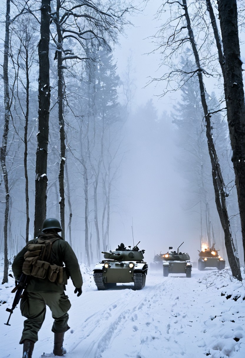 A dramatic winter scene depicting the Battle of the Bulge during World War II. The image shows American and German soldiers locked in fierce combat in the snow-covered forests of the Ardennes. American GIs, wearing heavy winter coats and helmets, crouch behind snow-dusted trees, firing rifles and machine guns at advancing German soldiers in camouflage, who move through the mist and snow. In the background, a massive explosion lights up the gray sky, with smoke billowing from destroyed tanks and vehicles. The snow is stained with blood, and frozen trees stand as silent witnesses to the brutal battle. The color palette is cold and muted, dominated by whites, grays, and dark greens, conveying the harsh winter conditions and the intensity of the fighting. The scene captures the chaos, bravery, and desperation of the historic conflict.
, moody light, by H.R Giger, 4k resolution digital art trending on Artstation and unreal engine 5, hyperrealism, full body shot, glowing eyes, cinematic, epic, masterpiece, surreal, fantasycore, hyperdetailed, ultra realistic, octane render, volumetric lighting, depth of field, bokeh, 8 <lora:Details:0.85>