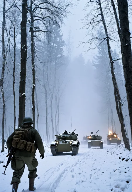 A dramatic winter scene depicting the Battle of the Bulge during World War II. The image shows American and German soldiers locked in fierce combat in the snow-covered forests of the Ardennes. American GIs, wearing heavy winter coats and helmets, crouch behind snow-dusted trees, firing rifles and machine guns at advancing German soldiers in camouflage, who move through the mist and snow. In the background, a massive explosion lights up the gray sky, with smoke billowing from destroyed tanks and vehicles. The snow is stained with blood, and frozen trees stand as silent witnesses to the brutal battle. The color palette is cold and muted, dominated by whites, grays, and dark greens, conveying the harsh winter conditions and the intensity of the fighting. The scene captures the chaos, bravery, and desperation of the historic conflict.
, moody light, by H.R Giger, 4k resolution digital art trending on Artstation and unreal engine 5, hyperrealism, full body shot, glowing eyes, cinematic, epic, masterpiece, surreal, fantasycore, hyperdetailed, ultra realistic, octane render, volumetric lighting, depth of field, bokeh, 8 <lora:Details:0.85>
