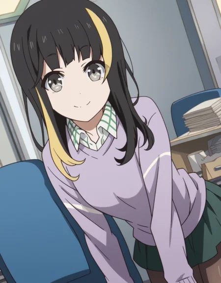 score_9, score_8_up, score_7_up, source_anime, tsubakiandou, <lora:tsubaki-andou-s1-ponyxl-lora-nochekaiser:1>, tsubaki andou, long hair, blonde hair, black hair, multicolored hair, streaked hair, grey eyes,, skirt, shirt, pantyhose, collared shirt, sweater,, indoors, office, bent over, smile, looking at viewer, solo, cowboy shot, dutch angle