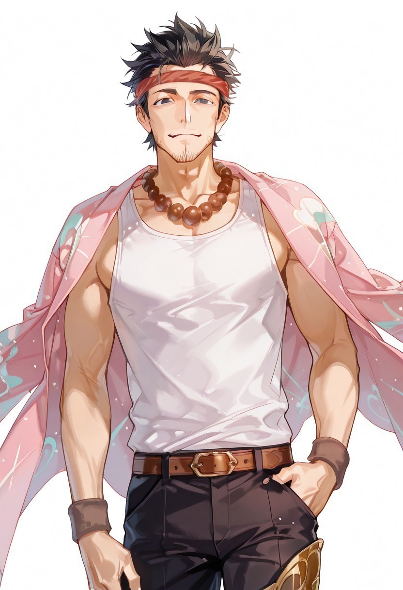score_9, score_8_up, score_7_up, score_6_up, perfect anatomy, perfect proportions, best quality, masterpiece, high_resolution, high quality, best aesthetic, incredibly absurdres, highres, extremely detailed, huge filesize, solo male, adult, mature male, dilf, middle age, masculine, manly, handsome, charming, alluring, standing, upper body, dutch angle, cowboy shot, perfect face,  source_game \SaGa Frontier\), official style \(SaGa Frontier\), Gen \(SaGa Frontier\), SGFGen, black eyes, black hair, short hair, facial hair, stubble, SGFGen_outfit03, headband, hachimak \(headband\), red headband, red hachimak \(headband\), white tank top, beaded necklace, senjafuda \(necklace\), wristband, pink clothes over shoulders, pink kimono over shoulders, black pants, brown belt, leg armor, boots,