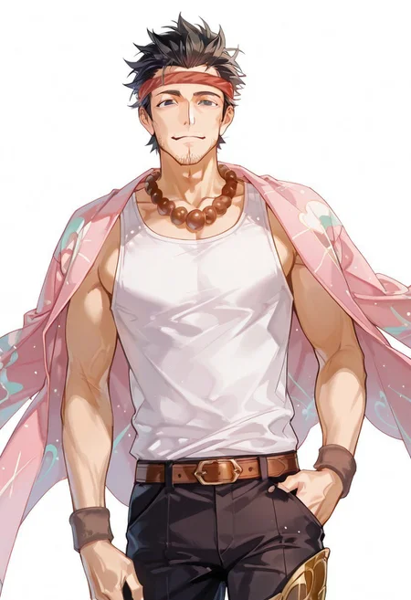 score_9, score_8_up, score_7_up, score_6_up, perfect anatomy, perfect proportions, best quality, masterpiece, high_resolution, high quality, best aesthetic, incredibly absurdres, highres, extremely detailed, huge filesize, solo male, adult, mature male, dilf, middle age, masculine, manly, handsome, charming, alluring, standing, upper body, dutch angle, cowboy shot, perfect face, source_game \SaGa Frontier\), official style \(SaGa Frontier\), Gen \(SaGa Frontier\), SGFGen, black eyes, black hair, short hair, facial hair, stubble, SGFGen_outfit03, headband, hachimak \(headband\), red headband, red hachimak \(headband\), white tank top, beaded necklace, senjafuda \(necklace\), wristband, pink clothes over shoulders, pink kimono over shoulders, black pants, brown belt, leg armor, boots,