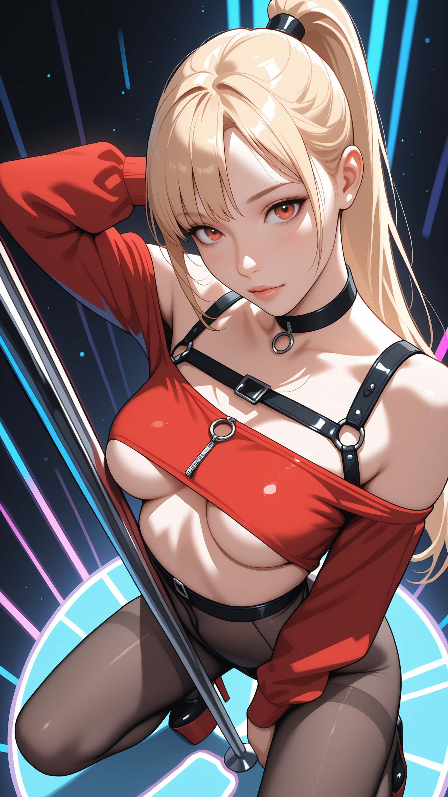 masterpiece, best quality, high resolution, very aesthetic, absurdres, newest, professional, high-quality, hyper-realistic, portrait of a woman, looking at viewer, detailed eyes, realistic body, 
woman, blonde, ponytail, looking at viewer,
pole dancing,
rvnss, red outfit, off the shoulder, underboob, harness, long sleeves, pantyhose, highwaist thong, platform shoes, choker,
high angle, front view, moddy lighting, neon colors, dark background,  neon back lighting <lora:raveness:0.9>