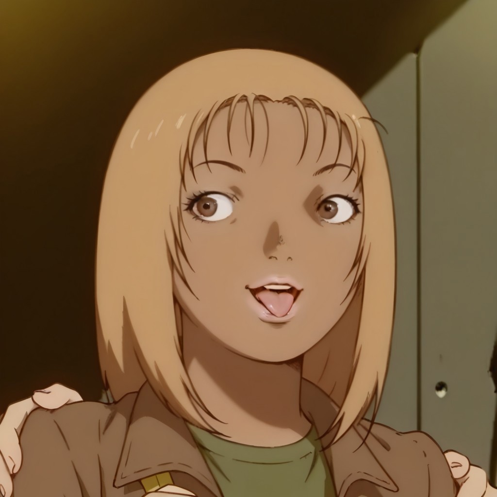 gygirl, 1girl, solo, short blonde hair, bangs, pink lips, brown eyes, tanned skin, closed brown jacket, green shirt
half body, gym girl smiling while sticking out her tongue and with both hands making the symbol of ✌️
in the background the streets of Tokyo at night