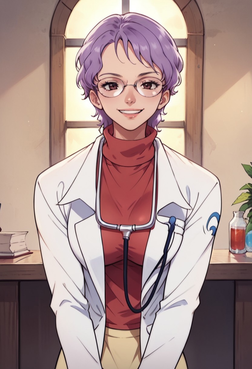KobatoOP, 1girl, solo, purple hair, short hair, black eyes, lips, round glasses, large breast, white doctor coat, red jumper, light yellow skirt, grey shoes, knee-length skirt, lab coat, turtleneck, stethoscope,
seductive pose, sexy pose, tease,  in the spotlight,,
smile,,leaning forward,hanging breasts,
score_9, score_8_up, score_7_up, beautiful aesthetic, very intricate, high quality details,vibrant, highly detailed, award-winning, professional,anime artwork, anime style, studio anime, athletic, curvy body, athletic girl, perky tits,large breast,perfect tits, round breasts, nipple outline,looking at viewer, pinup pose,teasing, dynamic lighting, cinematic, smug, better than you, aura of temptation, highly detailed, high resolution, masterpiece, detailed clother, detailed background, highly detailed, ((sound effects)) comic layout,