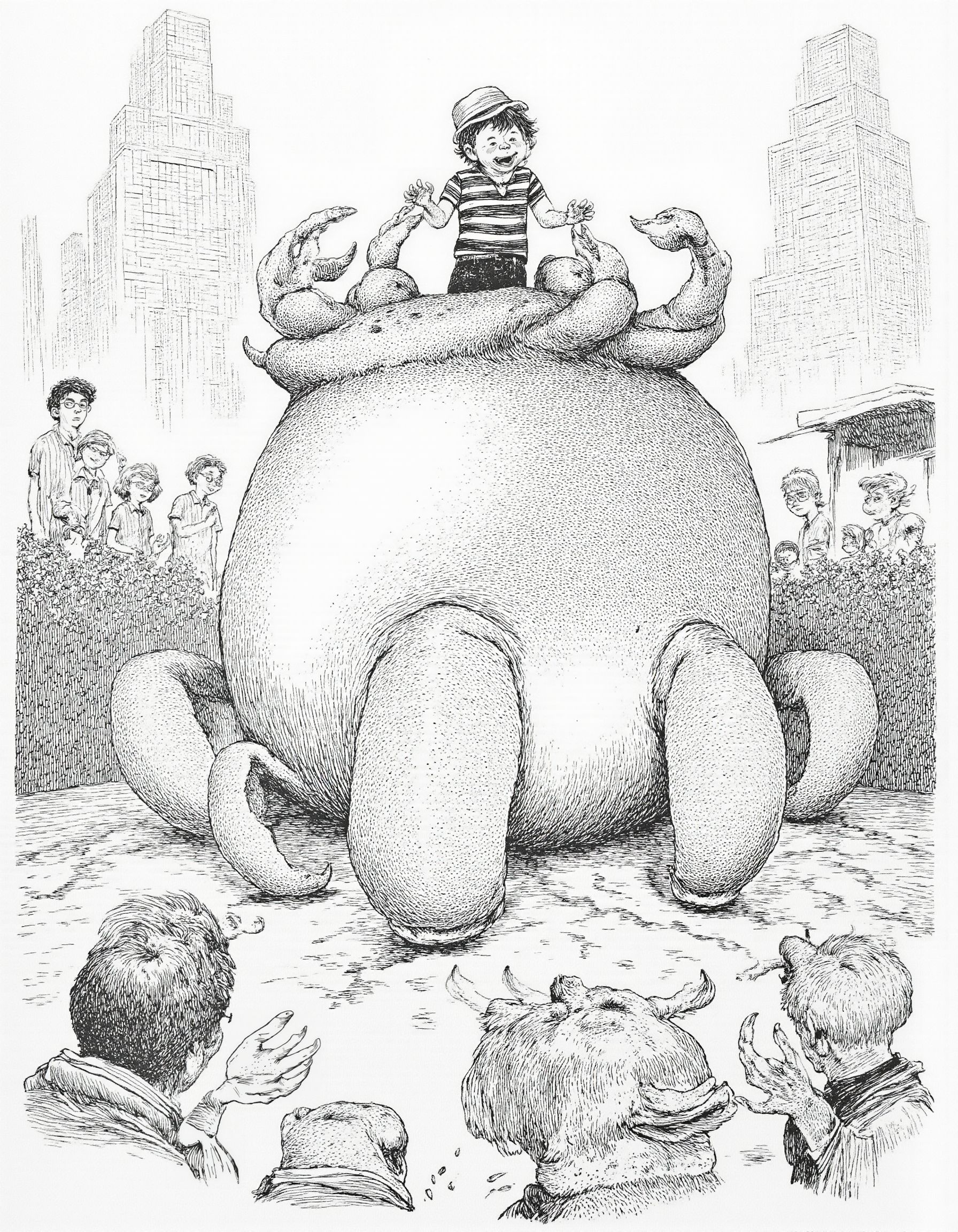 <lora:mig4v:1>, This black-and-white drawing, likely created using pen and ink, depicts a fantastical scene filled with whimsical and grotesque elements. At the center of the image is a large, monstrous creature resembling a cross between a crab and a dragon, with multiple legs and a bulbous, segmented body. The creature's texture is detailed with intricate lines and shading, giving it a rough, scaly appearance. 
Perched on top of the creature is a small child, who appears to be having fun despite the monstrous surroundings. The child, with a wide-eyed expression, is wearing a striped shirt and a hat, adding a touch of normalcy amidst the chaos. The child's legs are splayed, and they appear to be holding onto the creature's back.
Surrounding the scene are a group of onlookers, who are watching the child and the creature with a mix of curiosity and fear. The onlookers are drawn in a simple, cartoonish style, with exaggerated facial expressions and basic outlines. The background features a cityscape with tall, blocky buildings, suggesting an urban setting. The overall mood of the drawing is whimsical and surreal, blending elements of horror and fantasy.