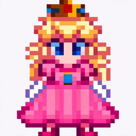 1girl, solo, pixel art, 16bit, front facing, full body, white background, simple background, princess peach, blonde hair, blue eyes, long hair, crown, dress, gem, gloves, pink dress, puffy short sleeves, puffy sleeves, short sleeves, white gloves,