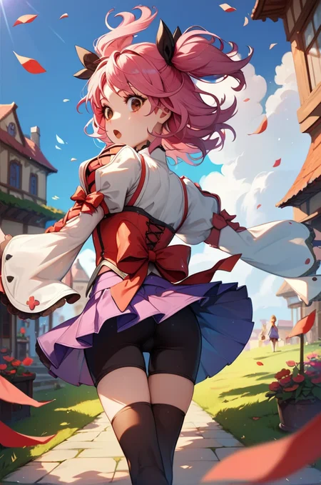 score_9, score_8_up, score_7_up, very aesthetic, source_anime, detailed, high quality, beautiful, masterpiece, detailed eyes,
<lora:lightXL:0.8>
village, blurry background
from behind, close up, upper body,
bike shorts, wind skirt, surprised, mouth open, looking back,
<lora:cheria_autismConfetti_v03:0.95>
cheria barnes, pink hair, brown eyes, twintails, two side up, medium hair,
thighhighs, long sleeves, puffy sleeves, purple skirt, black thighhighs, back bow, white footwear, (wide sleeves:0.7), pleated skirt, laces,, zPDXL