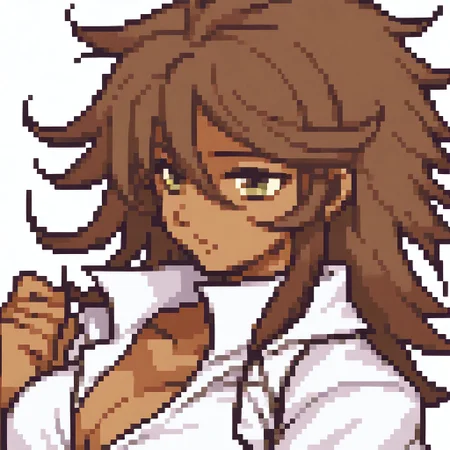 source_anime, fegbaportraits, portrait, white background, solo, 1girl, Akane Owari, brown hair, messy hair, olive eyes, dark skin, breasts, large breasts, white shirt, verybadimagenegative_v1.3, score_9, score_8_up, score_8, single view, flat color,
