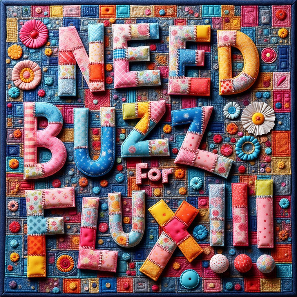 colorful text made out of patchwork: "Need BUZZ for FLUX!!!!", beautiful and vibrant, stitching, quilt art, punk art