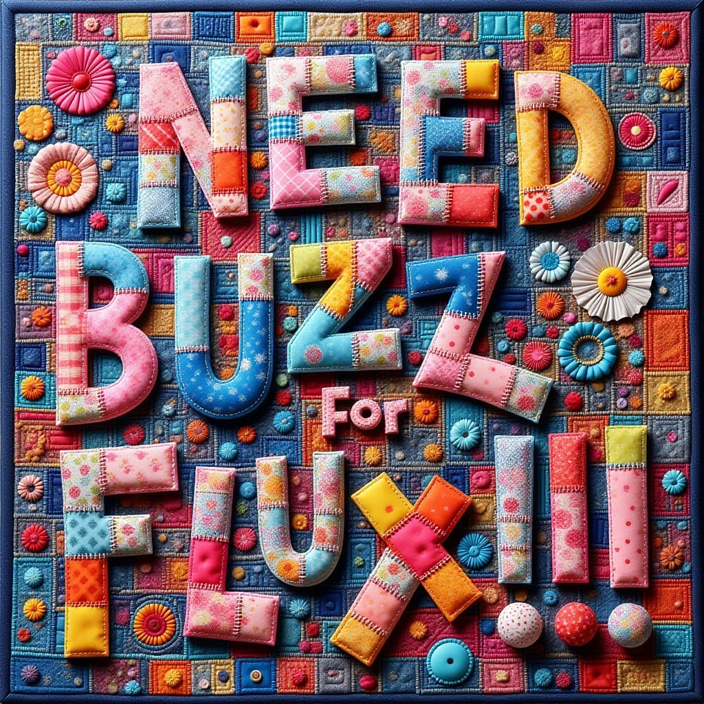 colorful text made out of patchwork: "Need BUZZ for FLUX!!!!", beautiful and vibrant, stitching, quilt art, punk art