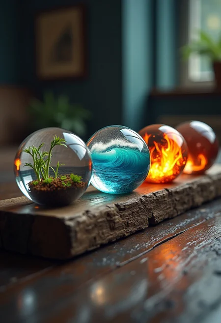 4 marbles on a table each containing a a different element ,1 with soil and plants, 1 with sea waves, 1 with a raging fire, 1 with a tornado , on a old piece of wood, hyper realistic, 4k, f1.8, boketh, depth of field, refraction, reflections on wood, photograph, glowing, glowing particles exiting the marble