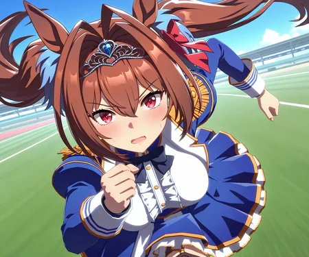 masterpiece, best quality, amazing quality, , 1girl, solo, looking at viewer, umamusume, racetrack, running, <lora:Daiwa Scarlet in game style 3D:1> ummsmingame, 3d, daiwa scarlet \(umamusume\),