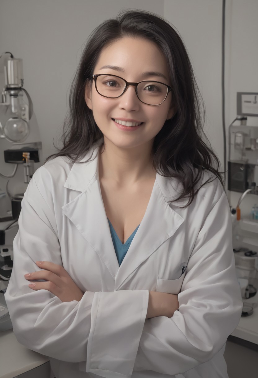 hyperrealistic, glamorous photo, masterpiece, stunning, best quality, RAW upper body shot photo of a mature geeky asian woman, clear focus, pale skin, curvy, glasses, black hair, perfect face, sexy pose, wearing a white lab coat and a blue shirt, big smile, working in a laboratory, Hasselblad DLSR camera, 200mm Zeiss lens, f/2.8, detailed, realistic shadows, low light, soft natural light, Rembrandt style light, professional, high contrast, bright colors, intricate details, (high quality texture), (sharp), (artistic image), 8K, highly detailed, vivid colours, rich details,