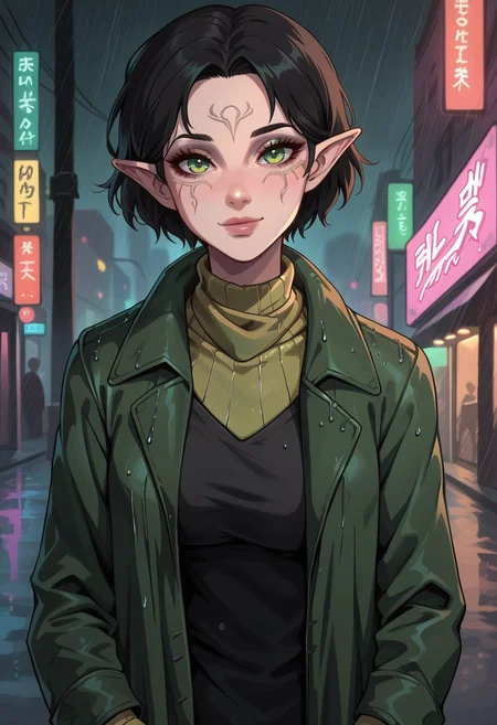 score_9, score_8_up, score_7_up, 1girl, solo, SulfS-M3rr1LL, pointy ears, face tattoo, facial mark, short hair, black hair, green eyes,
yellow turtleneck:1.2, green coat, hands in pockets, pants,
smiling, neon city streets, rain, glow, upper body,
<lora:Merrill_Dragon_age_2-000008:0.8>, <lora:GLSHS_-_V3N:0.8> GLSHS,