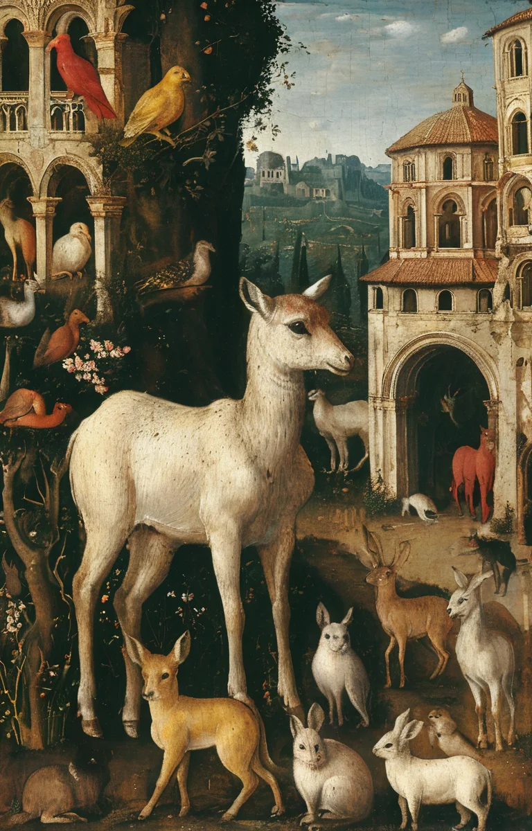 masterpiece,best quality,<lora:tbh184-sdxl:0.8>,illustration,style of Antonello da Messina, animals