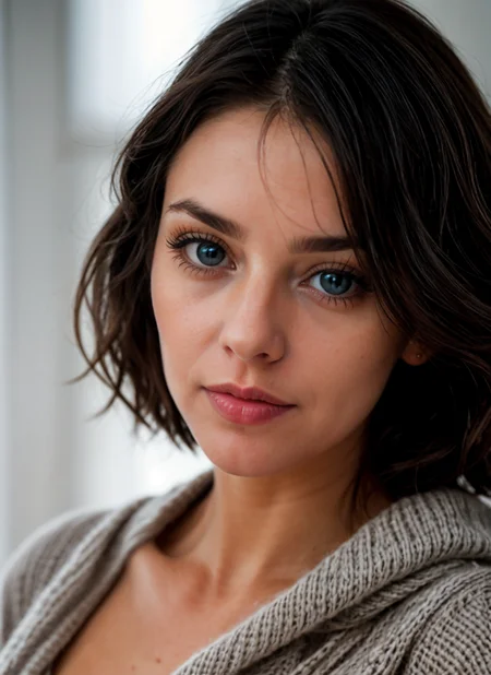 closeup portrait of woman, soft and dreamy portrait, beautiful, wearing sweater, looking at viewer, mc-linda, milf, mature woman, AS-MidAged, grey blue eyes, shoulder length hair, <lora:MC-Linda-10:0.5>